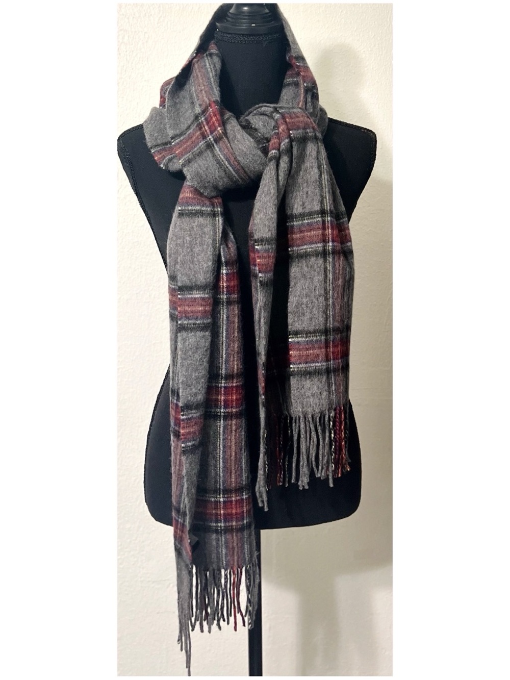 Gilded Age 💯 Merino Wool Gray Plaid Fringe Scarf with Deep Red and Black Accents
